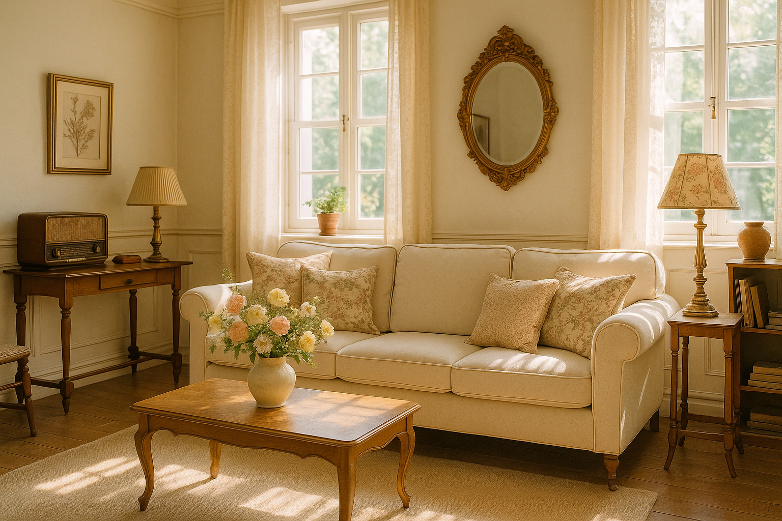Light filled living room with Vintage decor. Cream sofa with decorative pillows. Vase of flowers on coffee table