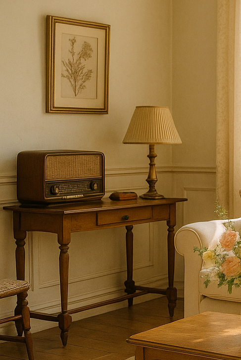 Light filled living room with Vintage decor. Cream sofa with decorative pillows. Vase of flowers on coffee table